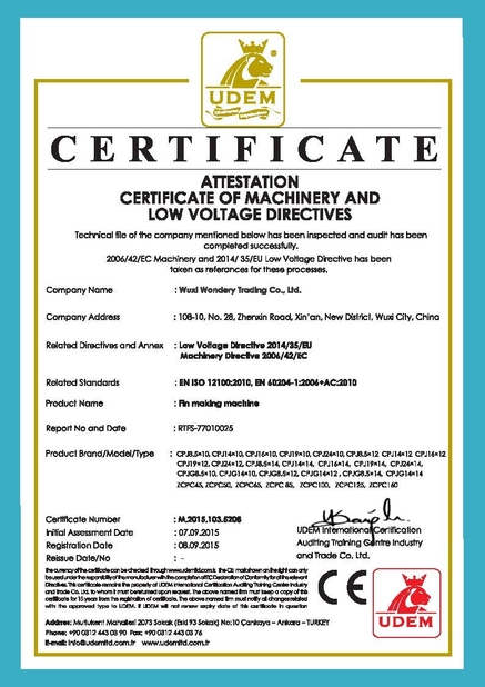 КИТАЙ Wuxi Wondery Industry Equipment Co., Ltd Сертификаты
